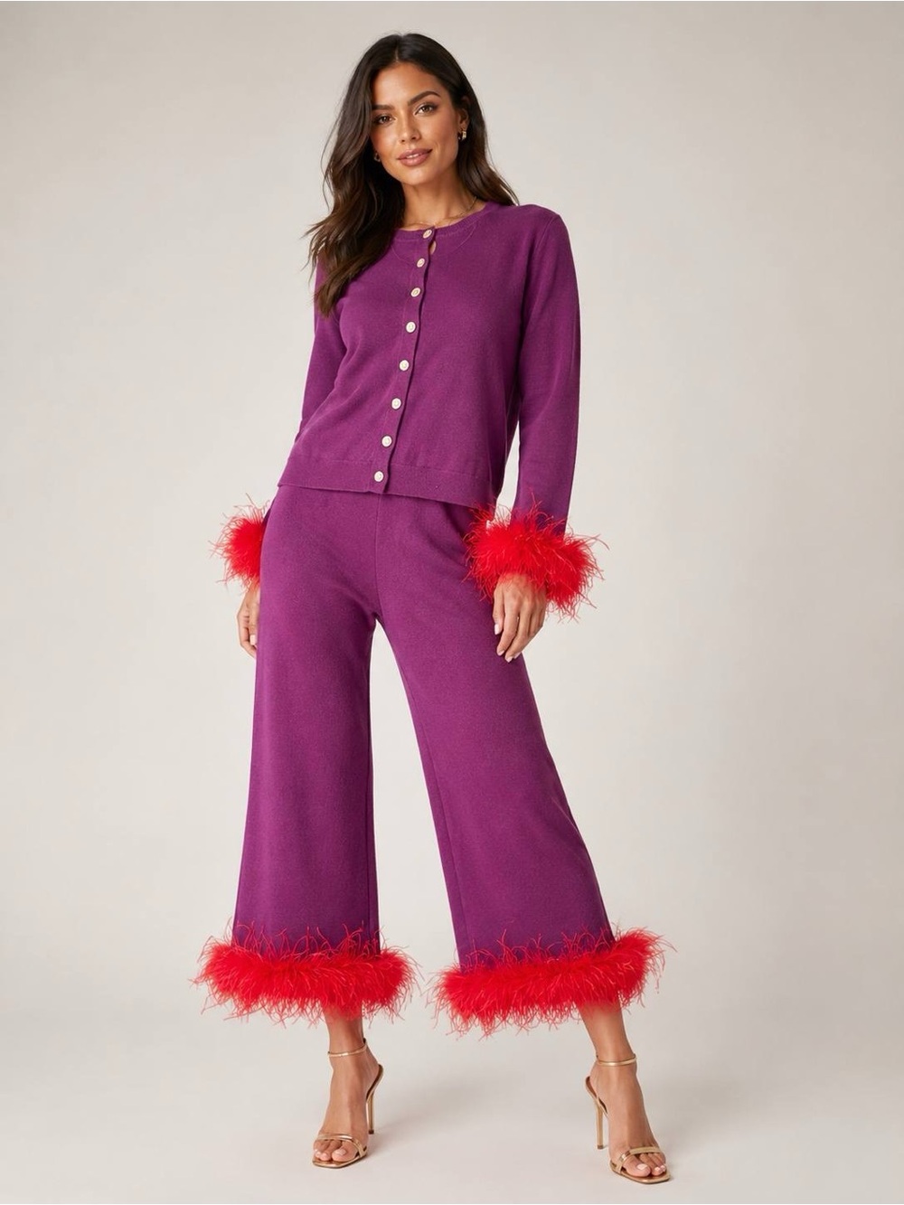Antonio Melani Knit Set Women's Purple Feather Trim Cardigan Pants Size M NWT